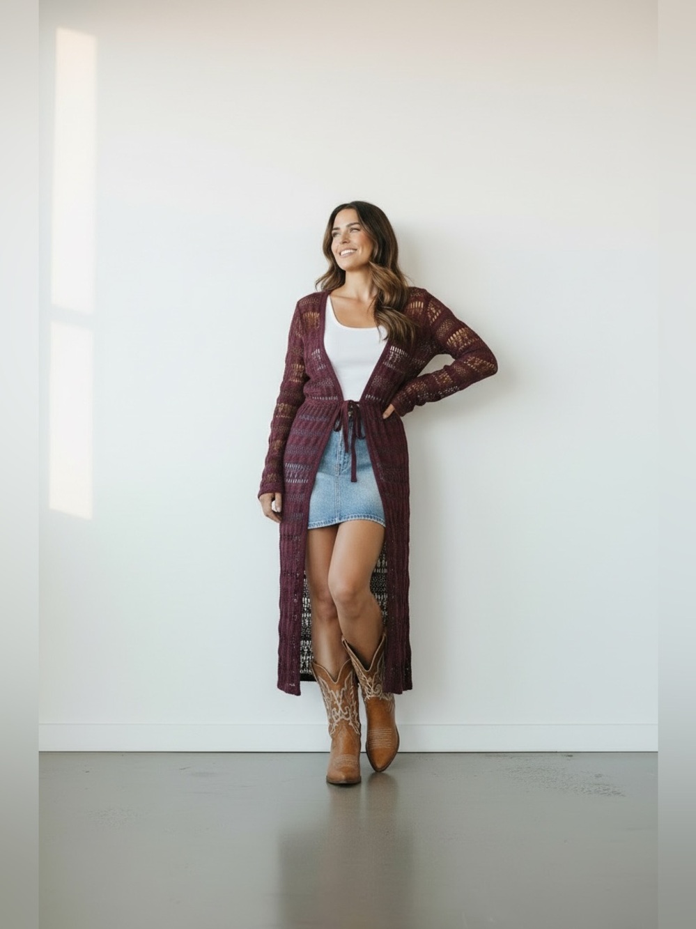 VENUS Burgundy Open-Knit Maxi Cardigan SzL